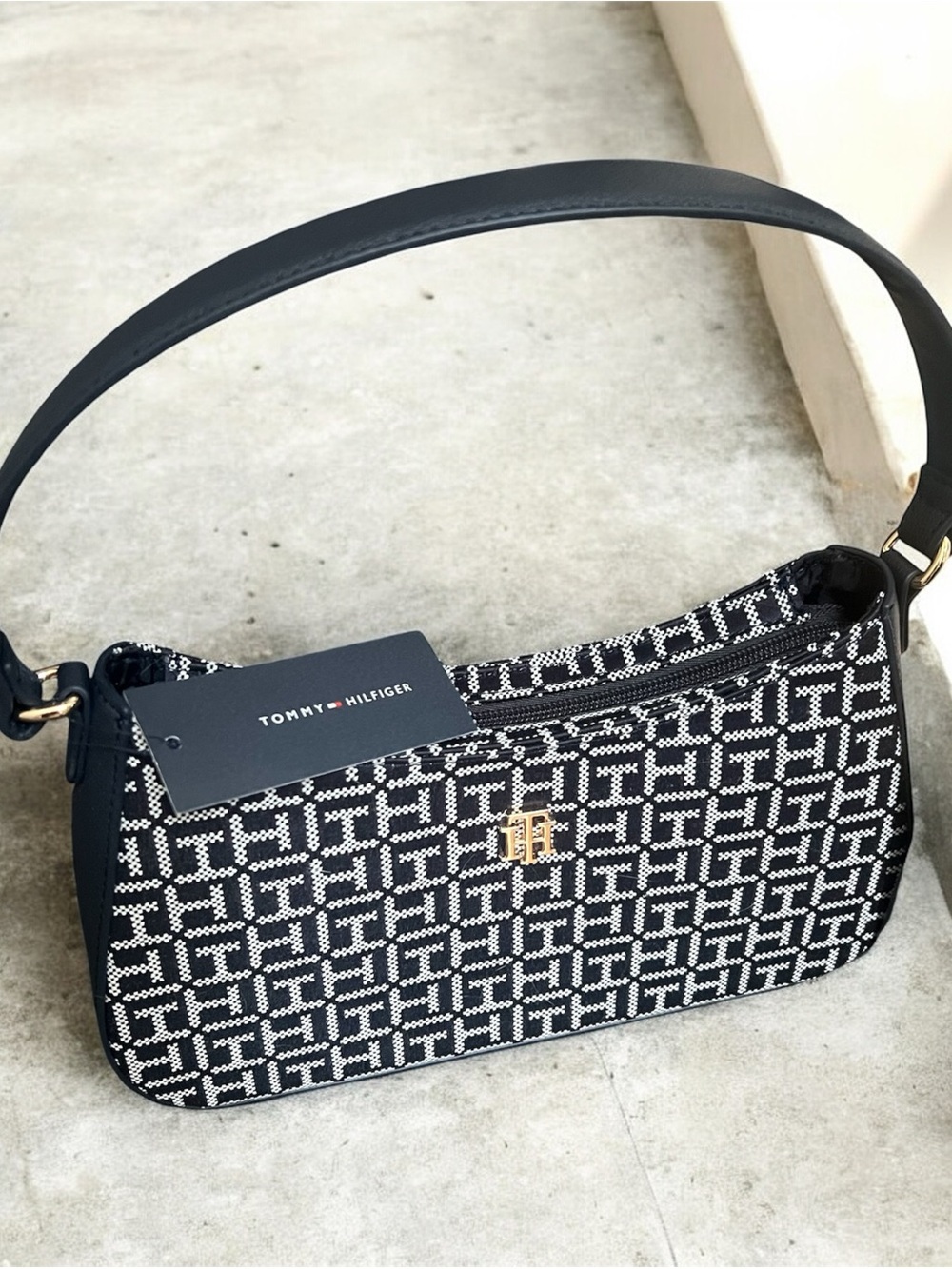 Tommy Hilfiger Black and White Logo Jacquard Shoulder Bag